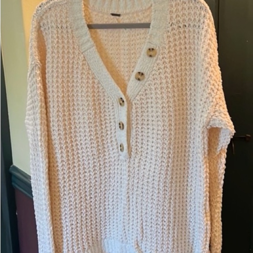 Free People Cream Open-Weave Henley Cardigan